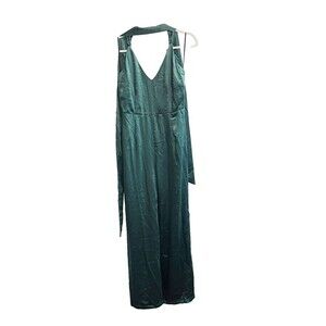 Aakaa Womens Emerald Jumpsuit L Wide Leg Satin V Neck Adjustable Strappy Zip NWT